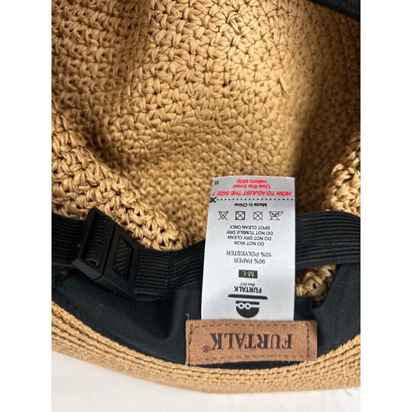 FURTALK M/L Tan Woven Straw Wide Brim Sun Hat Rope Bow Adjustable Band - Picture 2 of 5